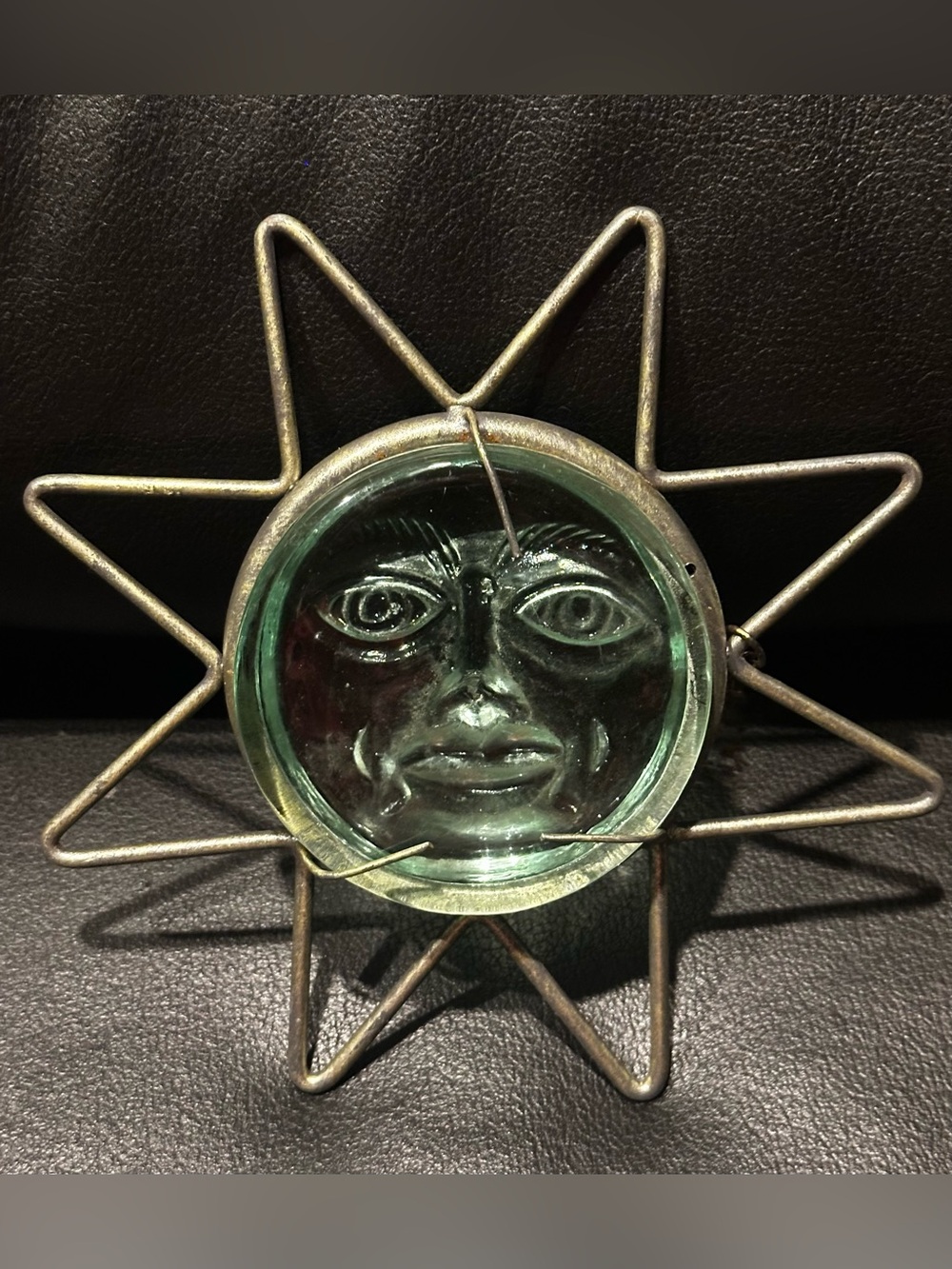 Vintage Glass Metal Celestial Sun Face Wrought Iron Wall Art Hippie Retro Spirit